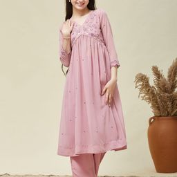 CurlyTales Girls Floral Embroidered V-Neck A-Line Midi Dress-image-4