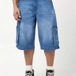 Bewakoof Men's Pure Cotton Blue Washed Straight Fit Cargo Shorts-picture-27