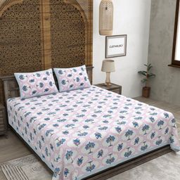 CLOTHOLOGY Pink & Blue Printed Pure Cotton 180 TC King Bedsheet Set 2.75m x 2.25m-image-83