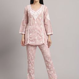 The Chikan Label Embroidered V Neck Top With Trousers Co-Ords Set-picture-34