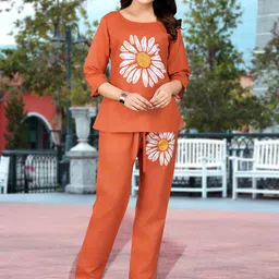 MOJILAA Floral Printed Linen Round Neck Top With Trousers Co-Ords-image-70