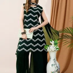 PARROT CREATION Chevron Embroidered Georgette A-Line Kurti With Palazzos And Dupatta image 5