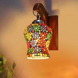 Devansh White & Blue Wooden Bell Shaped Wall Lamp with Mosaic Glass-image-54