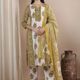 FASHOR Women Floral Printed Cotton Kurta with Trousers & Dupatta-picture-49