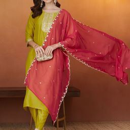 MOKOSH Women Ethnic Motifs Embroidered Sequinned Straight Kurta with Trousers & Dupatta-image-90