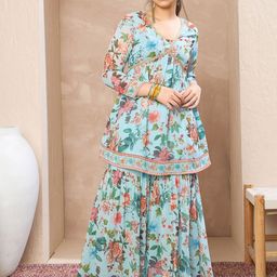 Noh.Voh - SASSAFRAS Kids Girls Floral Printed Empire V-Neck A-Line Peplum Kurti & Sharara-image-28
