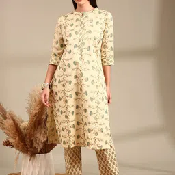 Anouk Floral Printed Band Collar Pure Cotton Straight Kurta With Trouser-picture-49