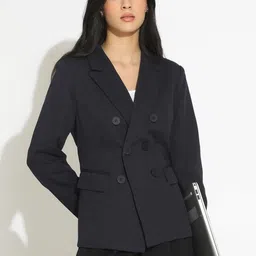 SHOWOFF Women Navy Blue Double-Breasted Blazer with Shoulder Pads-picture-9