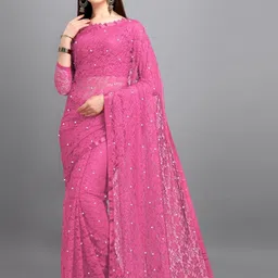 LOROFY Women Ethnic Motifs Embroidered Beads Net Saree with Unstitched Blouse-picture-16