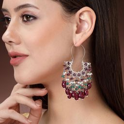 KARATCART Silver Plated Kundan Oxidised Drop Earrings image 4