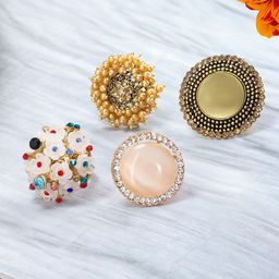 PRIVIU Set Of 4 Gold-Plated Stone & Mirror-Studded Adjustable Finger Ring-image-12