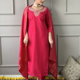 Siya Fashion Floral Embroidered Thread Work Straight Kurta With Trouser & Dupatta-image-40