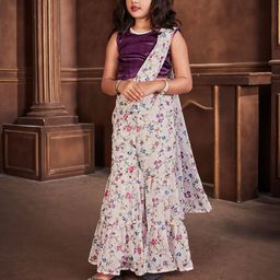 LOOKS AND LIKES Girls Floral Printed Pure Georgette Ready to Wear Sharara Saree-image-84