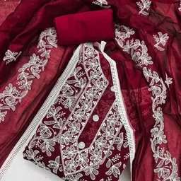 LeeliPeeri Designer Floral Embroidered Thread Work Chanderi Silk Unstitched Dress Material-image-5