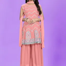 PARROT CREATION Floral Embroidered Sequinned Georgette A-Line Kurti With Sharara & Dupatta-image-79