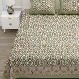 ATARAH Green & White Ethnic Motifs 144 TC Queen Bedsheet with 2 Pillow Covers-picture-4