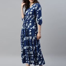 Raiyani Fashion Floral Print Puff Sleeve A-Line Midi Dress-picture-21