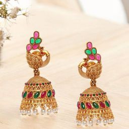 Anouk Gold-Plated Artificial Stones Studded Dome Shapped Jhumkas-13
