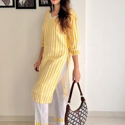 FFI Striped Pure Cotton V-Neck Straight Kurta With Trousers-picture-44