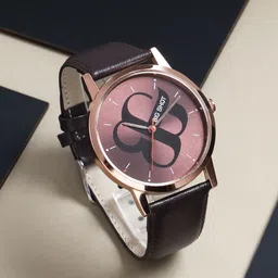 BIG SHOT Men Brass Patterned Dial & Leather Bracelet Style Straps Analogue Watch BSM003E-35
