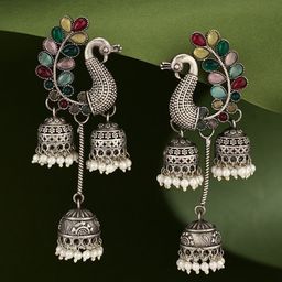 ATIBELLE German Silver-Plated Artificial Stones Studded Peacock Shaped Jhumkas-9