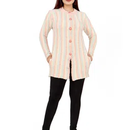 WOOL 4U Women Striped Woollen Longline Cardigan-image-80
