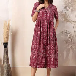 House Of Zelena Ethnic Motifs Print Maternity A-Line Midi Dress-image-55