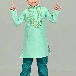 NFC CREATION Boys Ethnic Motifs Embroidered Regular Thread Work Dupion Silk Kurta with Pyjamas image 1