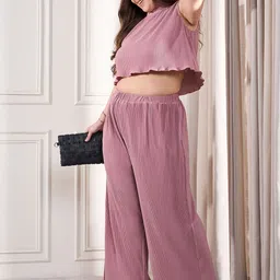 CURVE BY KASSUALLY Plus Size Self Design Sleeveless Pleated Crop Top With Trouser image 3
