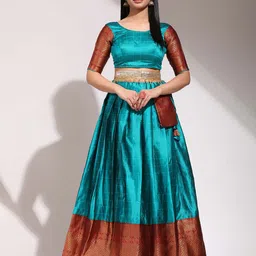 Fabcartz Checked Woven Design Zari Unstitched Blouse And Lehenga With Dupatta image 5