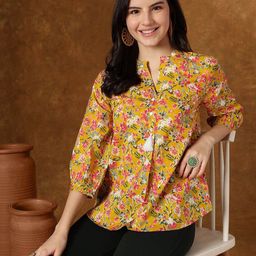 HERE&NOW Women Floral Printed Mandarin Collar Cotton Top-picture-0