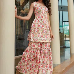HRITIKA Women Floral Printed Tiered Gotta Patti Pure Cotton Kurta with Sharara-38