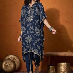 Sangria Floral Embroidered Regular Mirror Work Kaftan Kurta with Dhoti Pants-picture-11