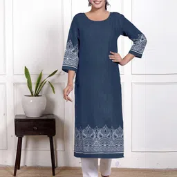Jevi Prints Ethnic Motifs Printed Round Neck Denim Cotton Straight Kurta-picture-36