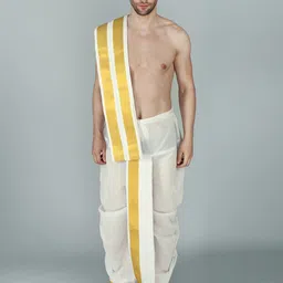 Exotic India Men Pure Cotton Dhoti and Veshti Ready To Wear Set with Zari Woven Border-image-70