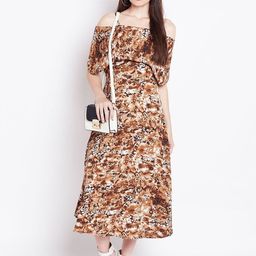 Moda Rapido Women Abstract Print Cold-Shoulder Sleeves Crepe A-Line Midi Dress-picture-4