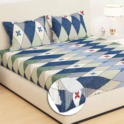 Story@home Blue & White Geometric 210 TC Queen Bedsheet with 2 Pillow Covers-image-75