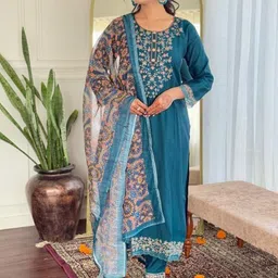 TWINS LADY Embroidered Chanderi Silk Round Neck Straight Kurta With Trousers And Dupatta-image-21