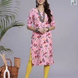 HERE&NOW Selection Of 2 Floral Printed Round Neck Straight Kurtas-image-90