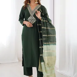 KALINI Ethnic Motifs Yoke Design Zari Work V-Neck Straight Kurta With Trouser & Dupatta-picture-0