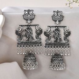 Sangria Stainless Steel Artificial Beaded Oxidised Temple Dome shaped Jhumkas-21
