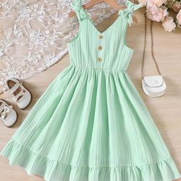 THOILLLING Kids-Girls Green Cotton Striped Fit and Flare Dress-image-49