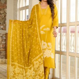 KALINI Floral Printed Pure Cotton Straight Kurta with Trousers & Dupatta-10