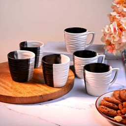 Storepedia Black & White 6 Pieces Textured Ceramic Glossy Cups And Mugs 150 ML-3