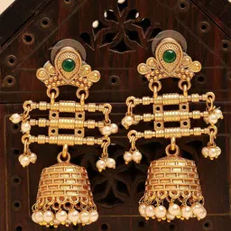 KARATCART Gold Plated Stone Studded & Beaded Contemporary Drop Earrings-image-34