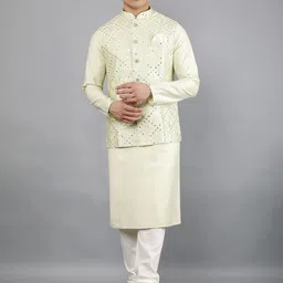 Manish Creations Mandarin Collar Straight Kurta With Churidar And Nehru Jacket-picture-39