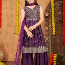 Aarika Girls Floral Embroidered V Neck Sequinned Angrakha Kurta With Sharara And Dupatta-image-92