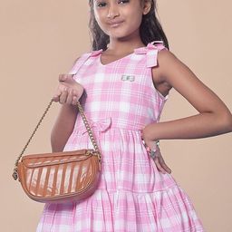 V-Mart Girls Checked Bow-Applique Tiered Cotton Fit & Flare Midi Dress-picture-30