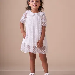 KidsDew Solid Puff Sleeve Net A-Line Dress-picture-5