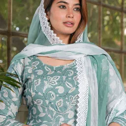 SINGNI Floral Printed Thread Work A-Line Kurta with Trouser & Dupatta image 5
